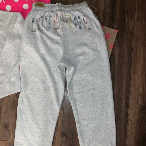 NEW VS PINK Size SMALL Rainbow Rhinestone Bling Set. Campus Pant & Sweatshirt. - Picture 7 of 14